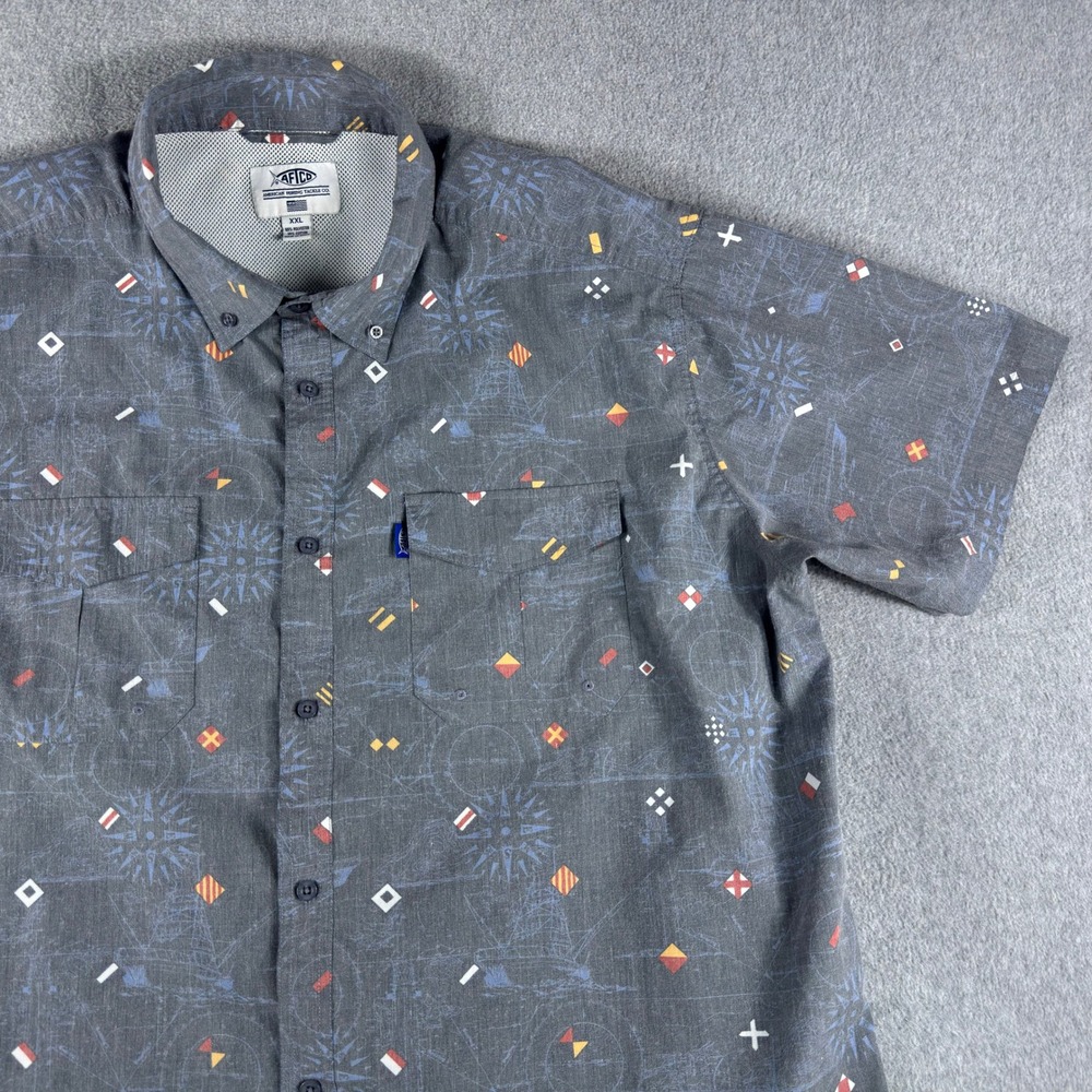 Aftco Aftech Button Down AOP Fishing Shirt Men 2XL Geometric Blue Outdoor